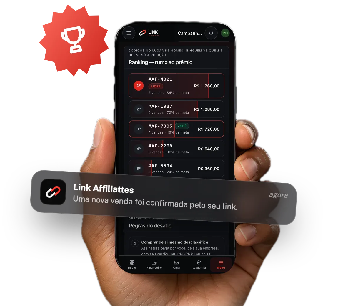 Mão segurando o celular com a aba Campanhas: o ranking em códigos no lugar de nomes, com a posição, as vendas e o valor de cada código, e uma notificação de nova venda confirmada pelo link