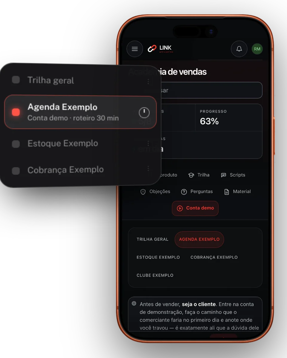 Celular com a Academia de vendas na aba Conta demo e, ampliadas ao lado, as abas dos produtos de exemplo: Trilha geral, Agenda Exemplo com o roteiro de 30 minutos, Estoque Exemplo e Cobrança Exemplo