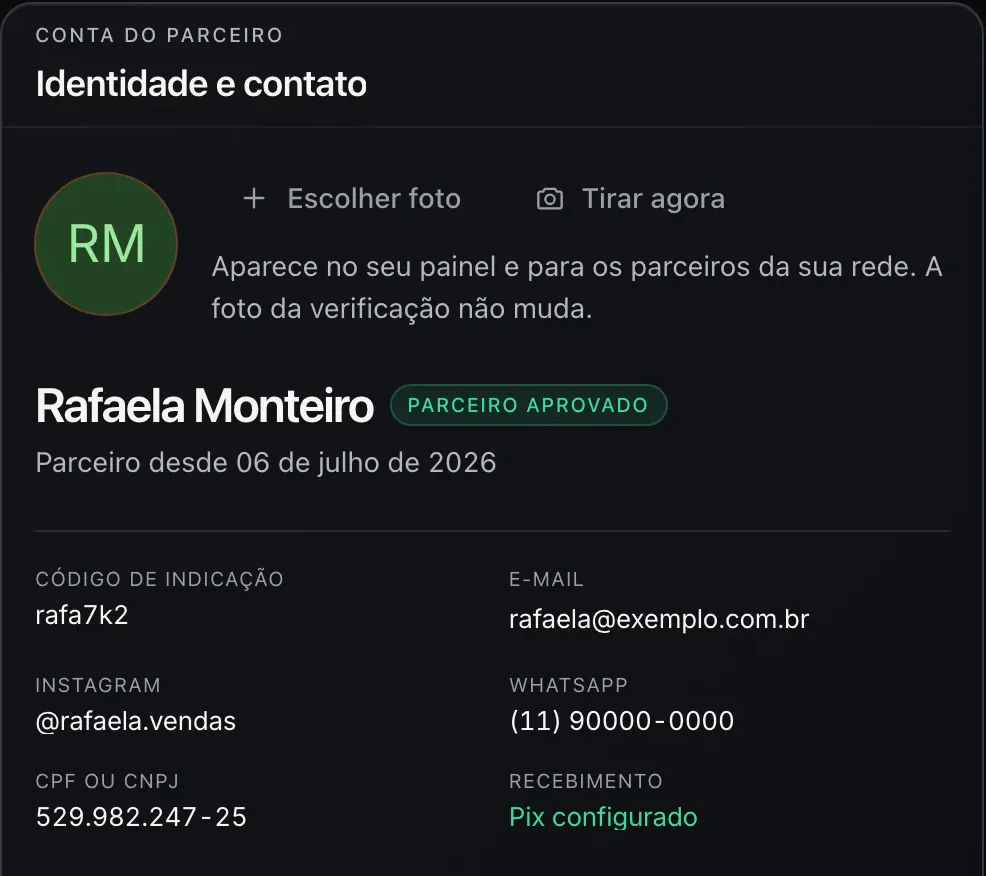 Cartão Identidade e contato do Perfil: nome, selo Parceiro aprovado, código de indicação, e-mail, Instagram, WhatsApp, CPF e recebimento por Pix configurado, numa conta de demonstração