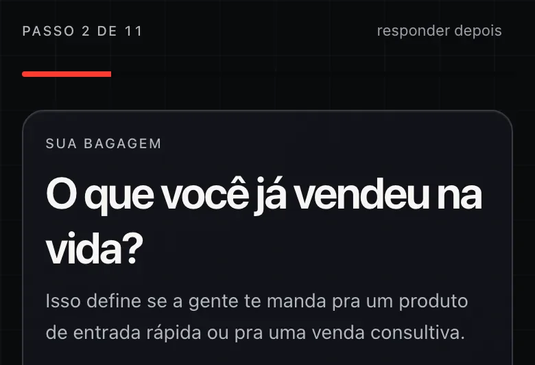 Topo do diagnóstico: passo 2, a barra de progresso e a pergunta “O que você já vendeu na vida?”