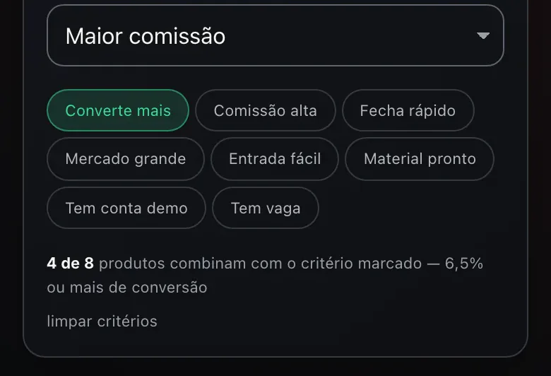 Nichos e mercado: os critérios Converte mais, Comissão alta e Fecha rápido, com Converte mais marcado