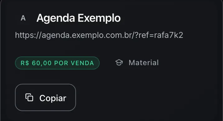 Cartão de um produto em Meus links: o link com o código do parceiro, a comissão por venda, o material e o botão Copiar