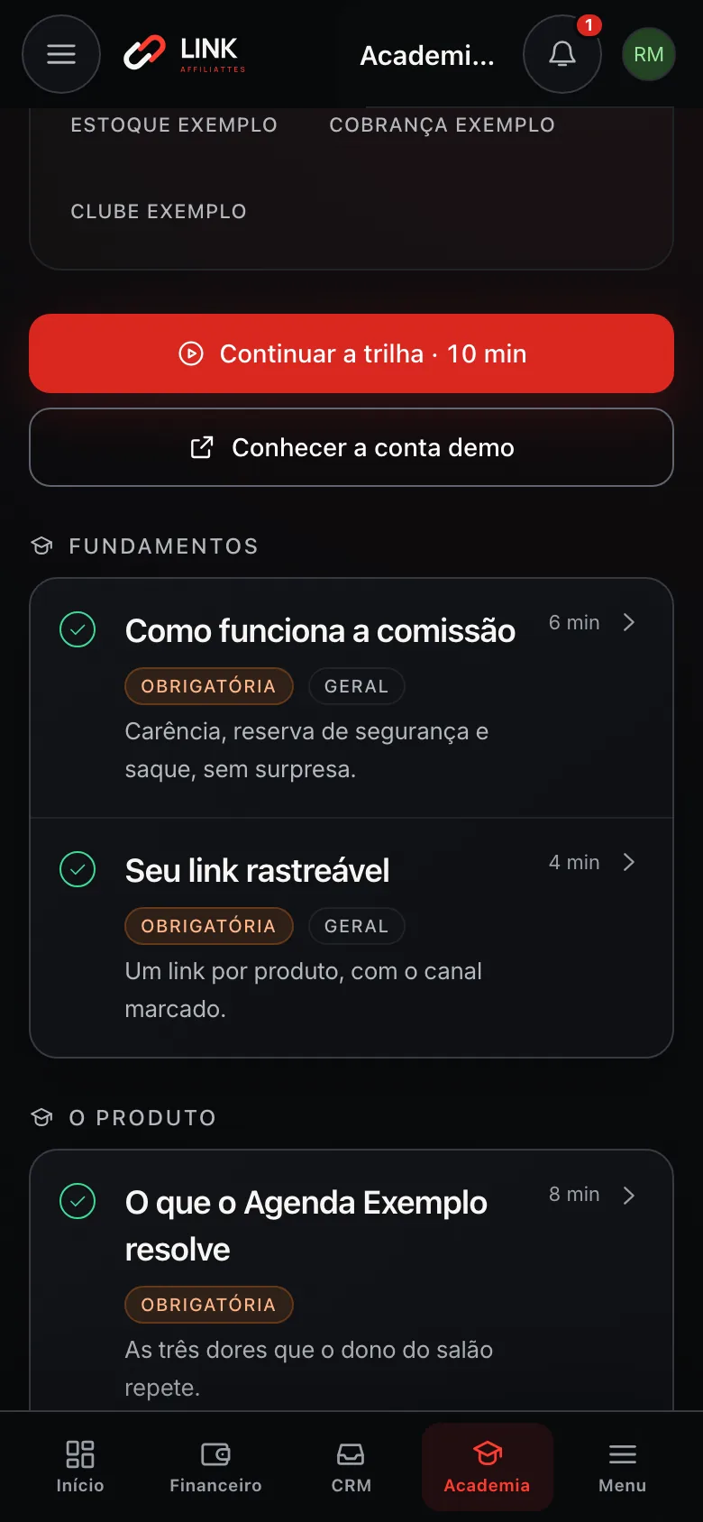 Trilha da Academia de vendas com os grupos Fundamentos, O produto e Prospecção