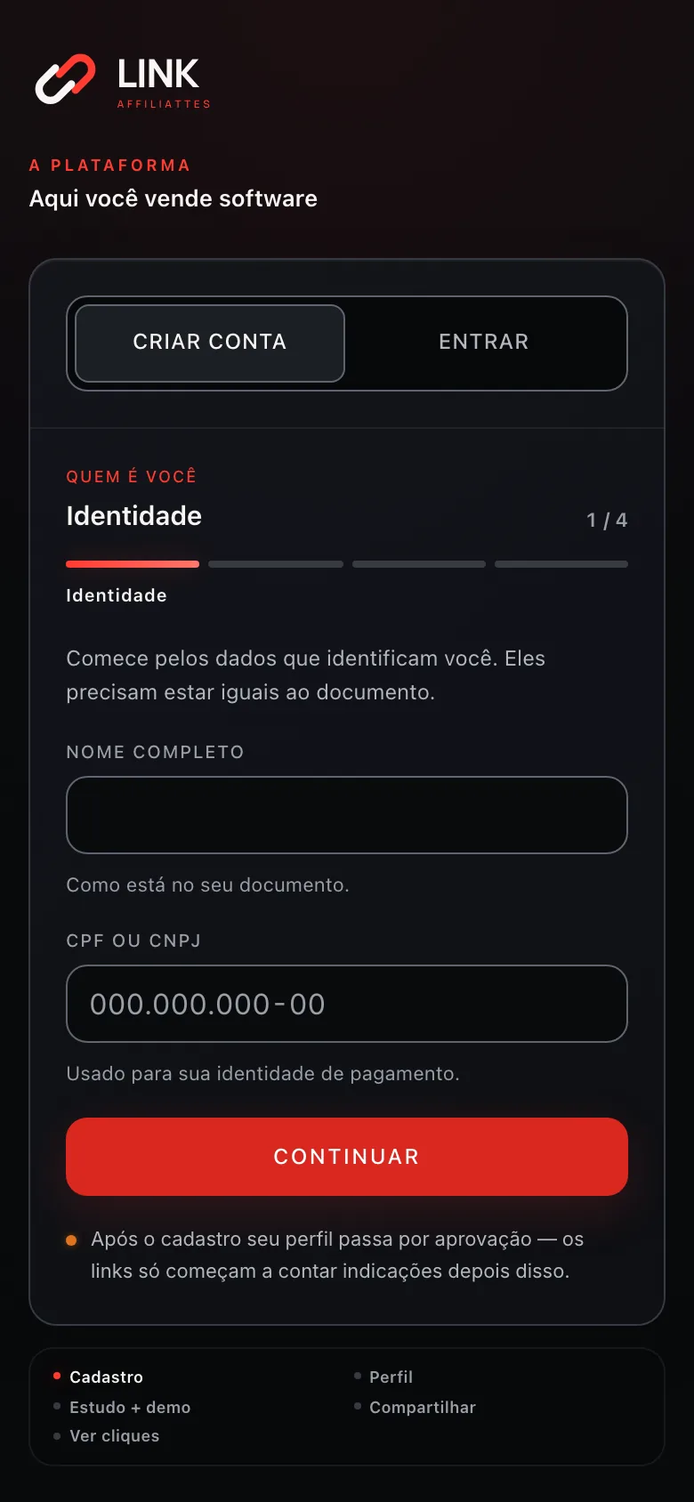 Tela de entrada do sistema no celular, com as abas Criar conta e Entrar