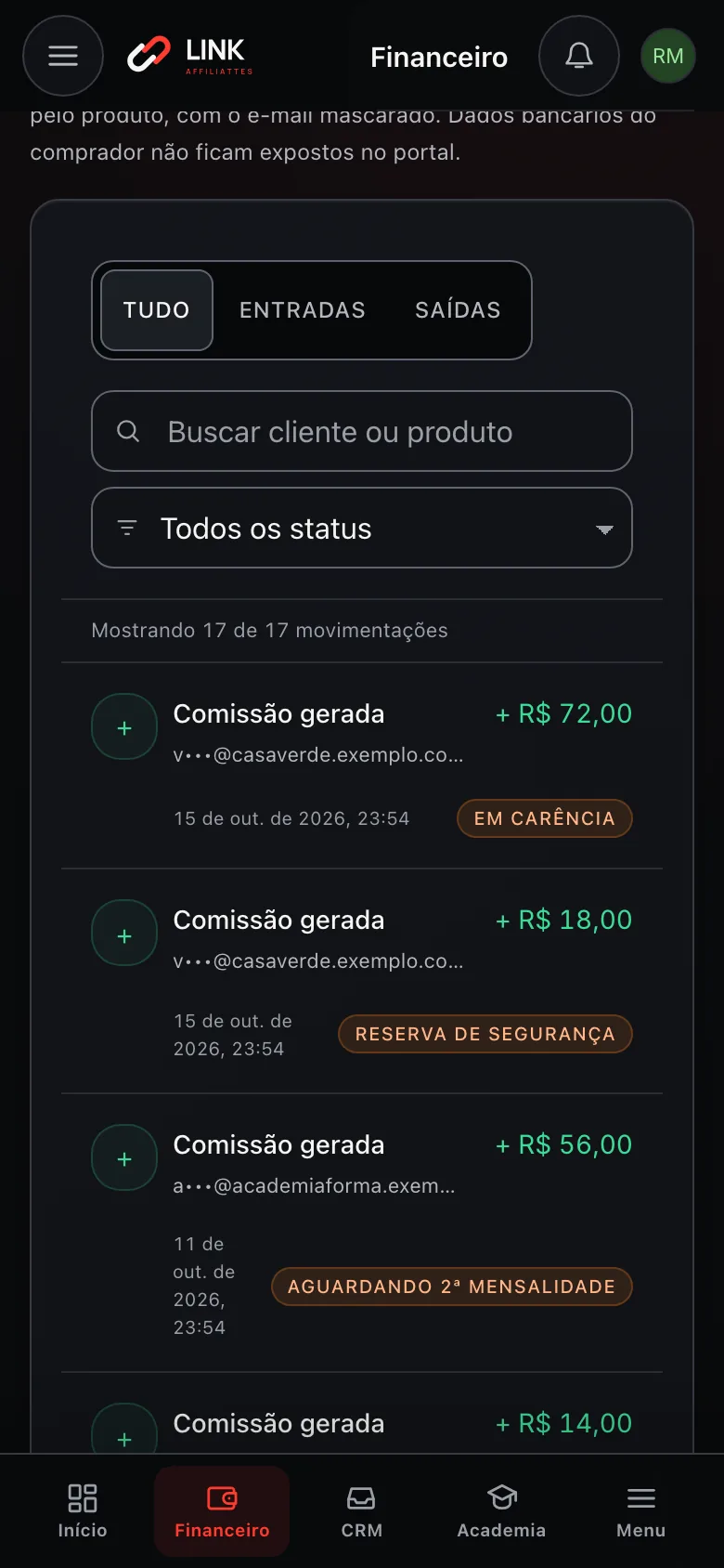 Extrato do Financeiro no celular: comissões geradas, em carência, na reserva de segurança e aguardando a 2ª mensalidade