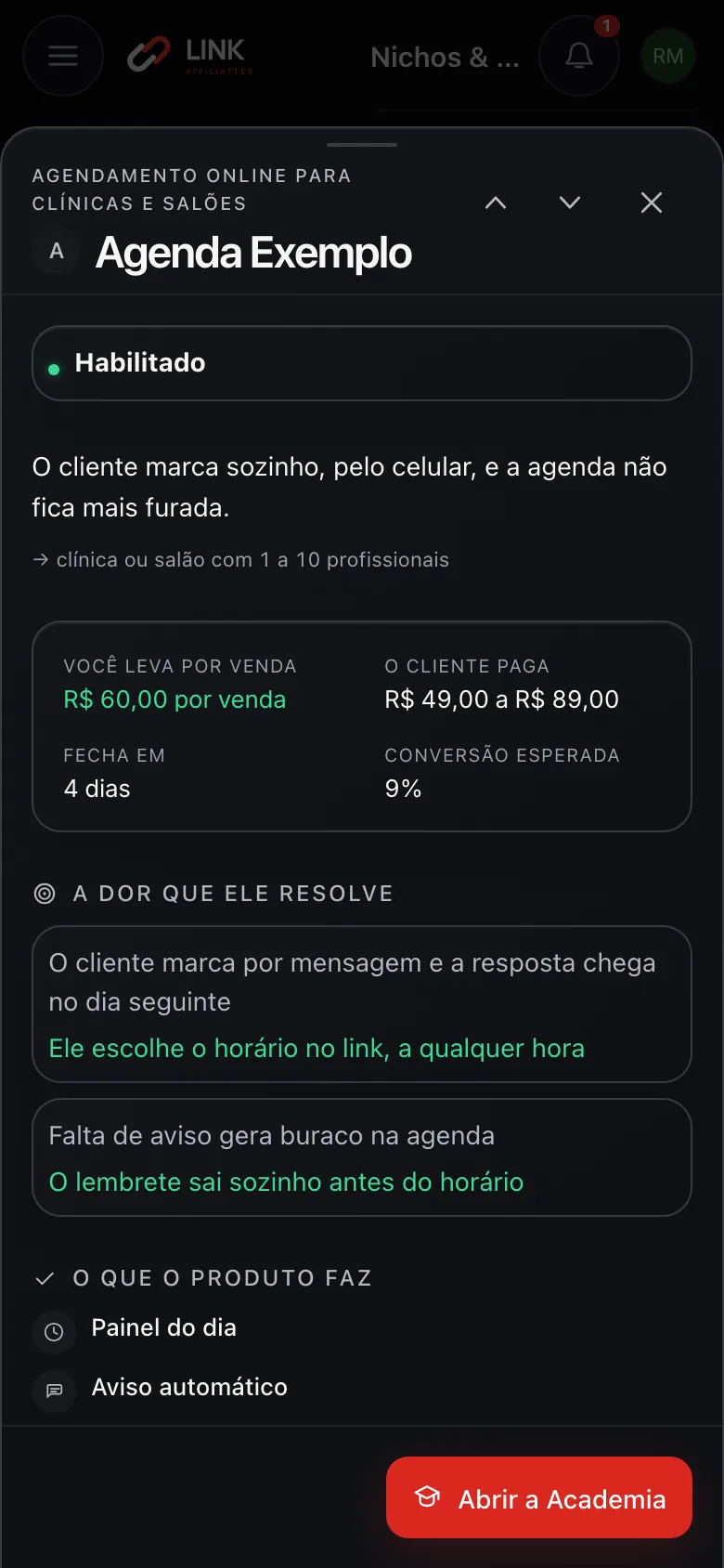 Briefing de um produto em Nichos e mercado: a dor que ele resolve, o valor por venda e a conversão esperada, numa conta de demonstração