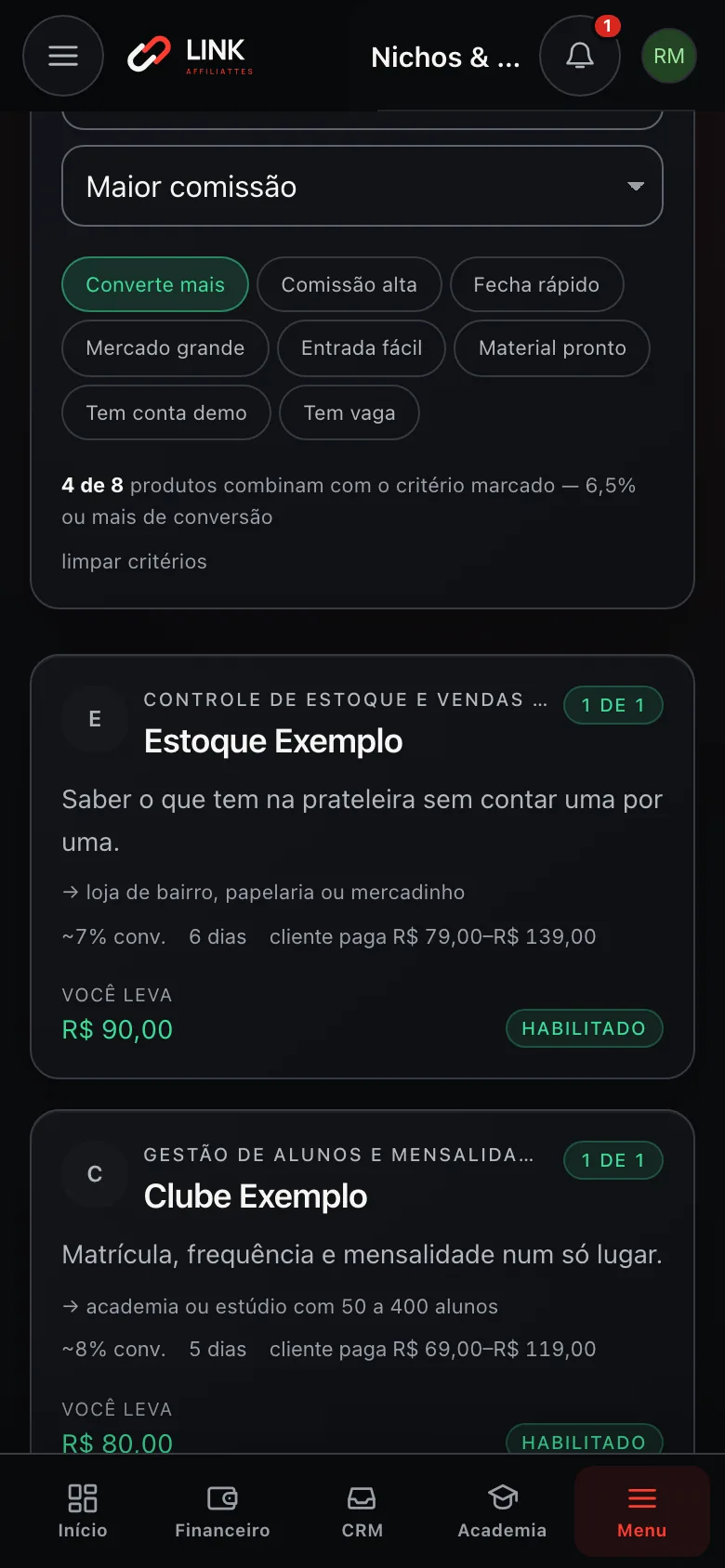 Vitrine de Nichos e mercado no celular, numa conta de demonstração
