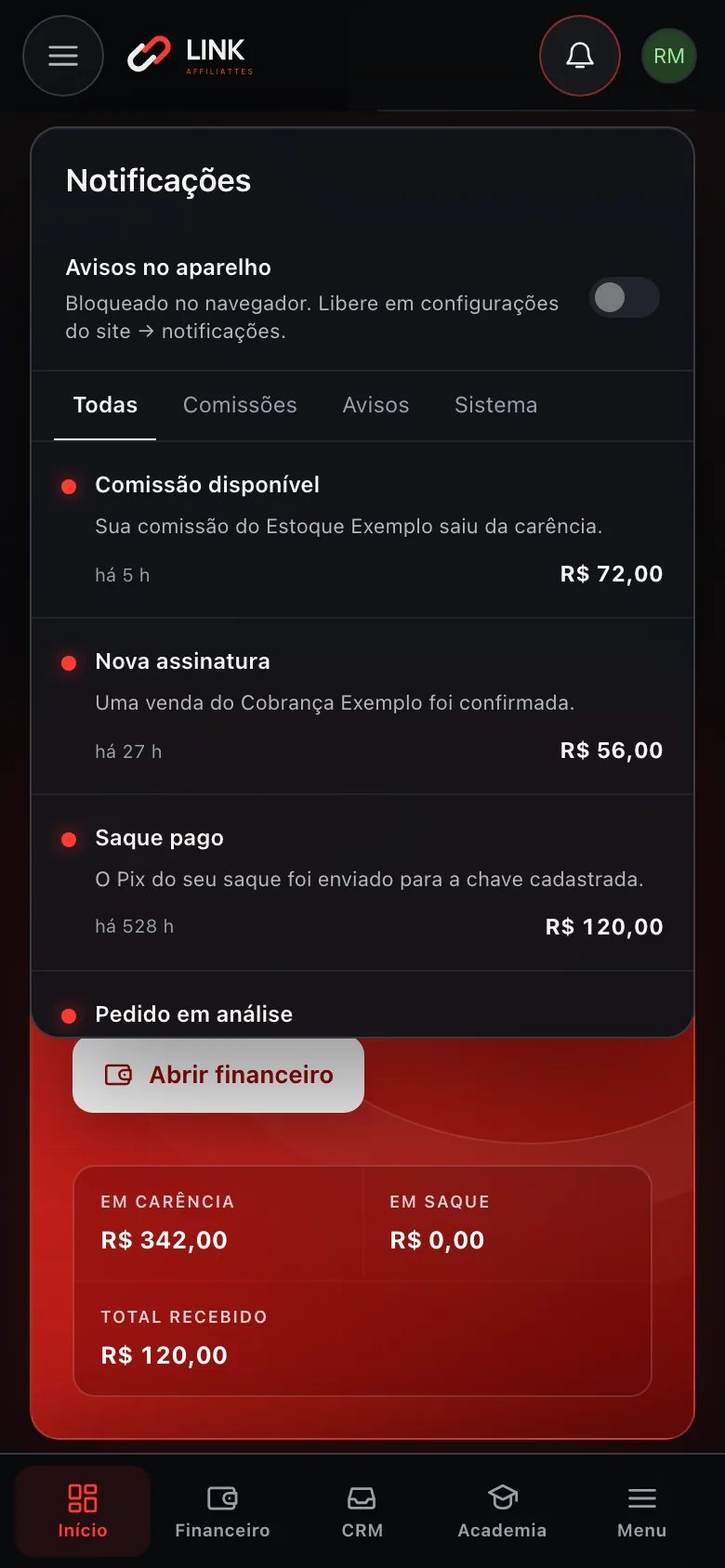 Central de notificações no celular com o interruptor Avisos no aparelho e os avisos de comissão, assinatura e saque