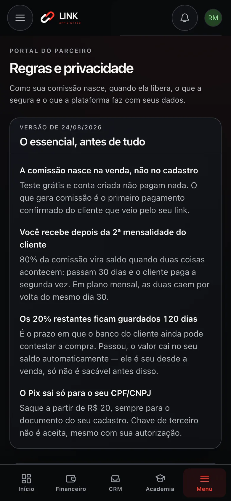Tela Regras e privacidade do painel no celular, com a versão do texto e o essencial antes de tudo, numa conta de demonstração