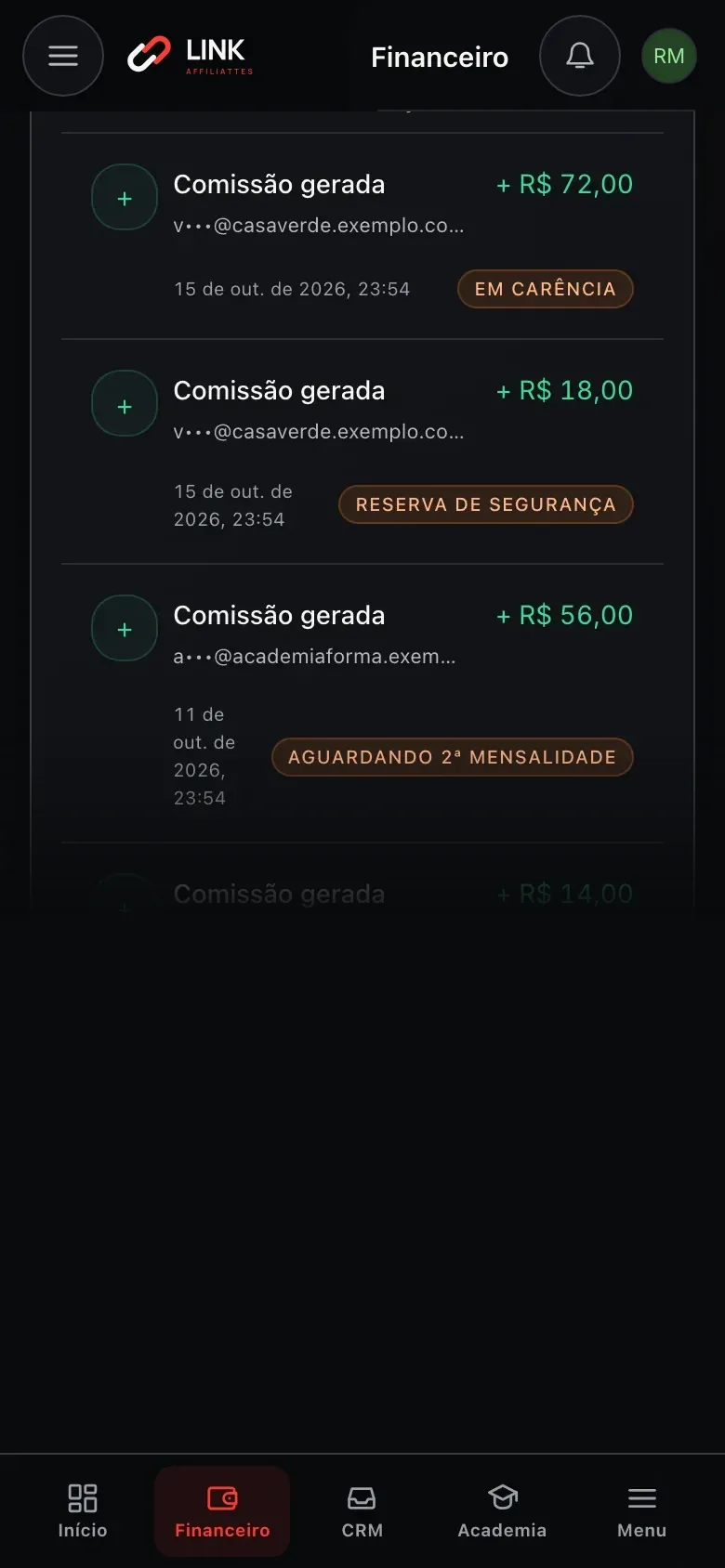 Extrato do Financeiro no celular: comissões geradas com os status Em carência, Reserva de segurança e Aguardando 2ª mensalidade