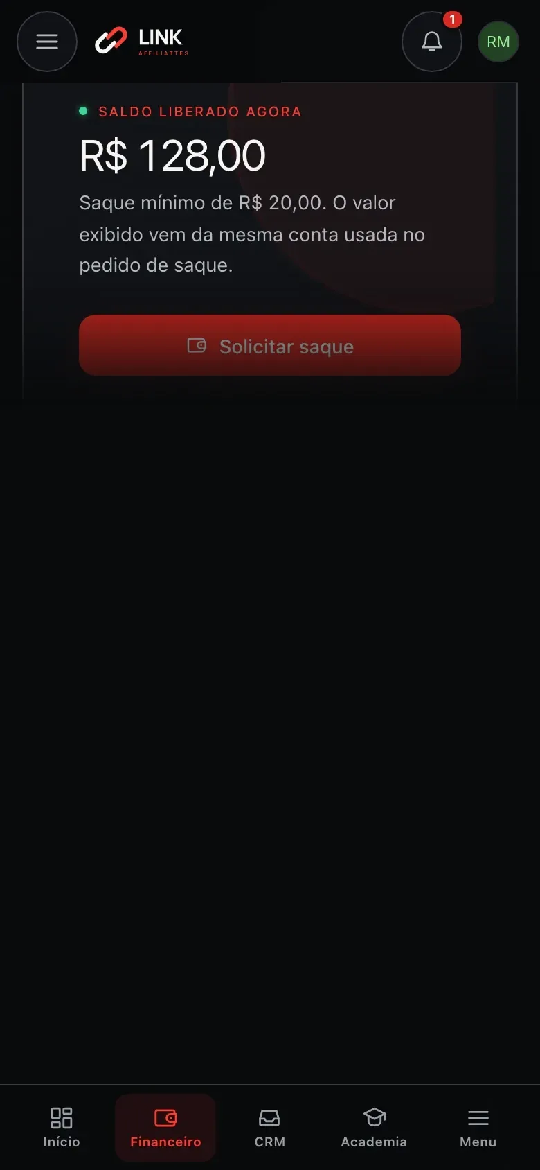Cartão Saldo liberado agora do Financeiro, com o aviso de saque mínimo de R$ 20,00 e o botão Solicitar saque